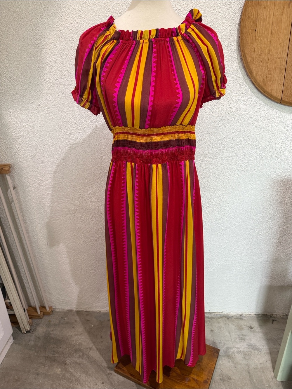 Off-Shoulder Striped Maxi Dress in Fuchsia & Mustard